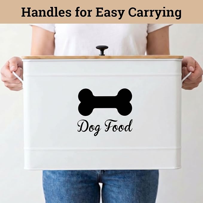 Dog Food Container Airtight Bamboo Lid 15-20 lb Sturdy Metal Handle 70 Cups | Pet Jar For Dogs up to 100lbs, Airtight Bamboo Lid, Sturdy Comfortable Metal Handle, Powder Coated Iron, Kibble Storage Bin