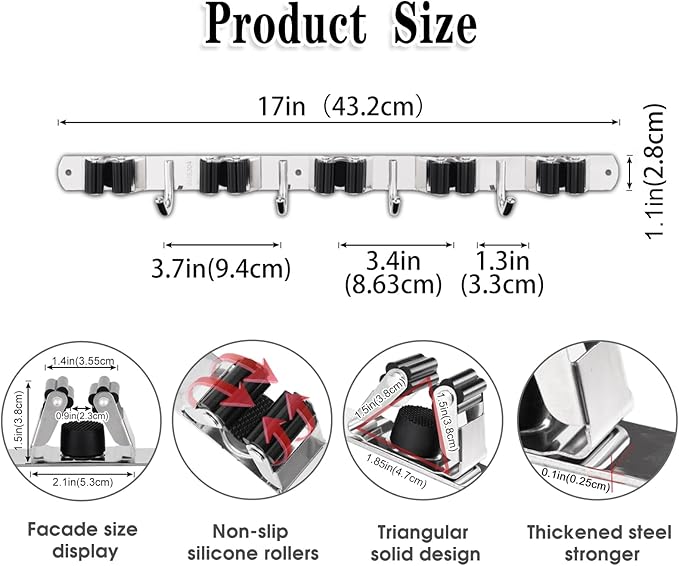 2 Pack Broom Holder Wall Mount, 5 Racks 4 Hooks Mop and Broom Organizer | Mop Holder Wall Mount and Broom Hanger for Garage, Laundry Room, Kitchen and Utility Storage