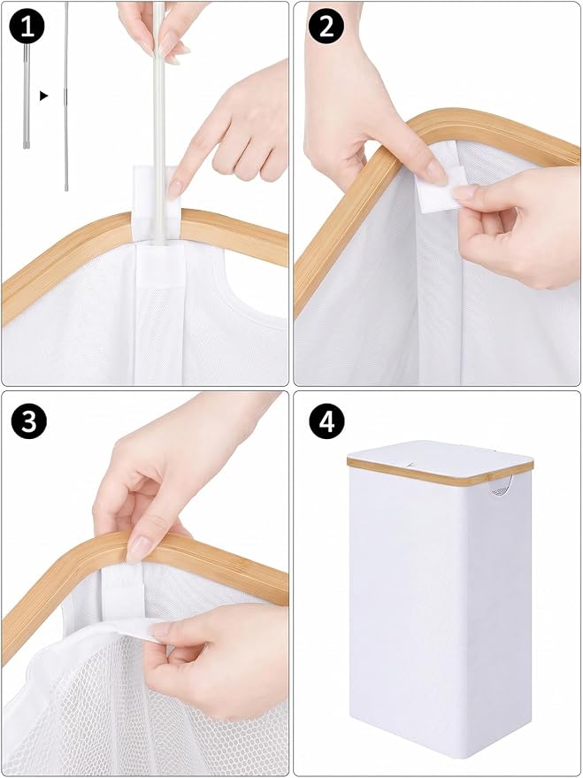 IEGrow Laundry Hamper with Lid,110L Laundry Basket with Mesh Bag,White | Dirty Clothes Hamper Basket with Bamboo Handle for Clothes Towels Organization