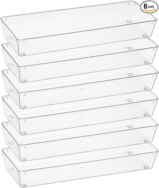 6 Pack Clear Plastic Drawer Organizer Tray 15 x 6 x 2 Inch Large Clear Drawer Organizer Set with Non-Slip Silicone Pads Stackable Drawer-Organizer Traysfor Makeup, Bathroom, Kitchen Utensils, Office,