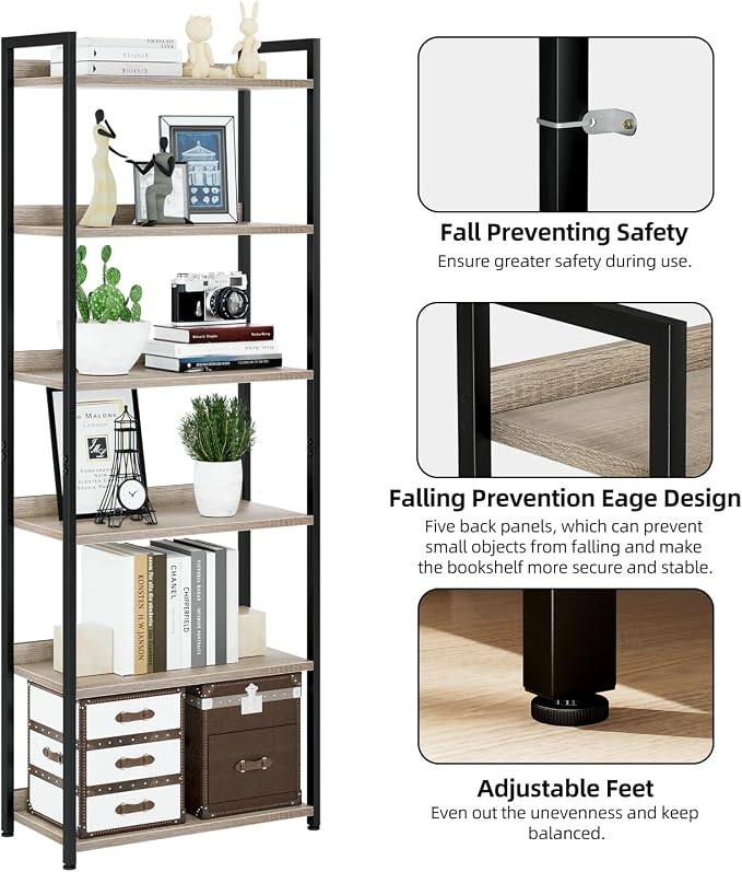 NUMENN Bookshelf, 6 Tier Freestanding Shelving Unit, Grey | Metal Frame & Wood Shelves, Falling Prevention Baffle, Open Storage Bookcase for Bedroom, Living Room & Home Office