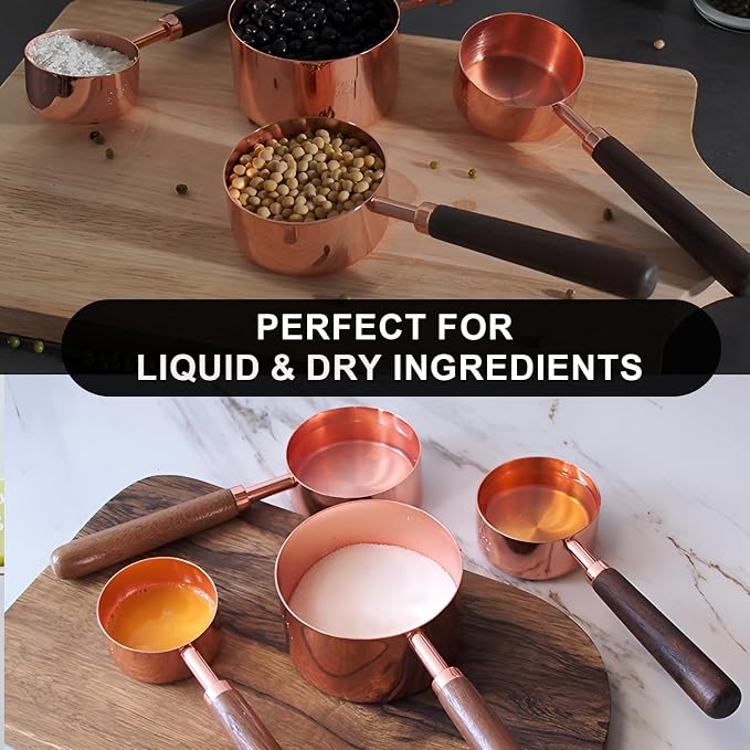 SHIKORI Gold Measuring Cups and Spoons Set with Wood Handles, Premium Stainless Steel Measuring Spoons and Measuring Cups Set, For Cooking and Baking in the Kitchen-Rose Gold-4Cups