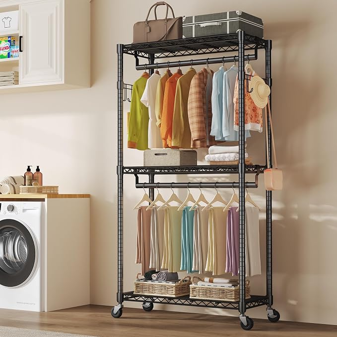 NEWBULIG Heavy Duty Clothing Rack with Wheels, 3-Tier Adjustable Wire Garment Rack, Metal Freestanding Closet Organizer System with Double Hanging Rods & 8 Side Hooks, 35" x 15" x 75", Black