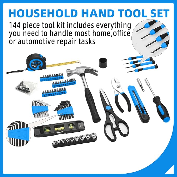 144-Piece Blue Tool Kit for Home, Household Hand Set with Plastic Toolbox | General basic repair tools for women & college students; all-purpose dorm set for home, apartment, office DIY daily repairs