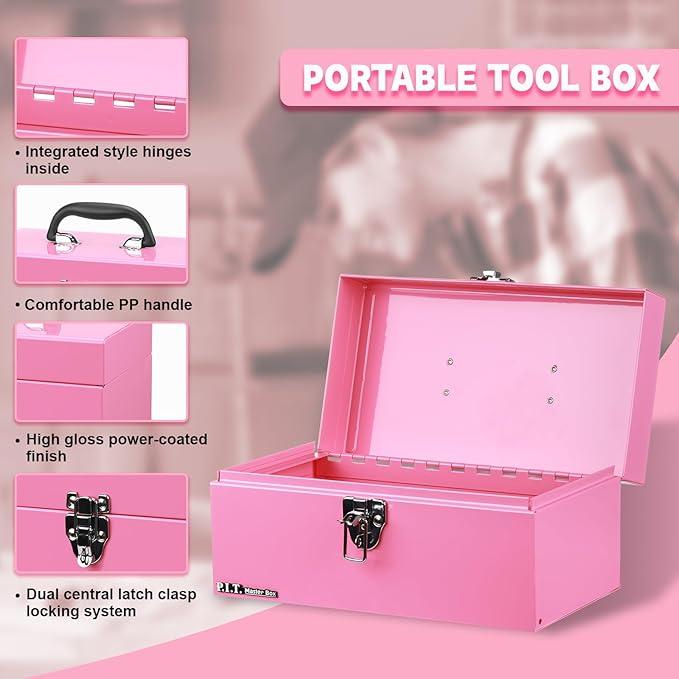 P.I.T. 12 Inch Tool Box,Portable Small Steel ToolBox with Metal Latch Closure for Household, Warehouse,Tools Storage,Pink