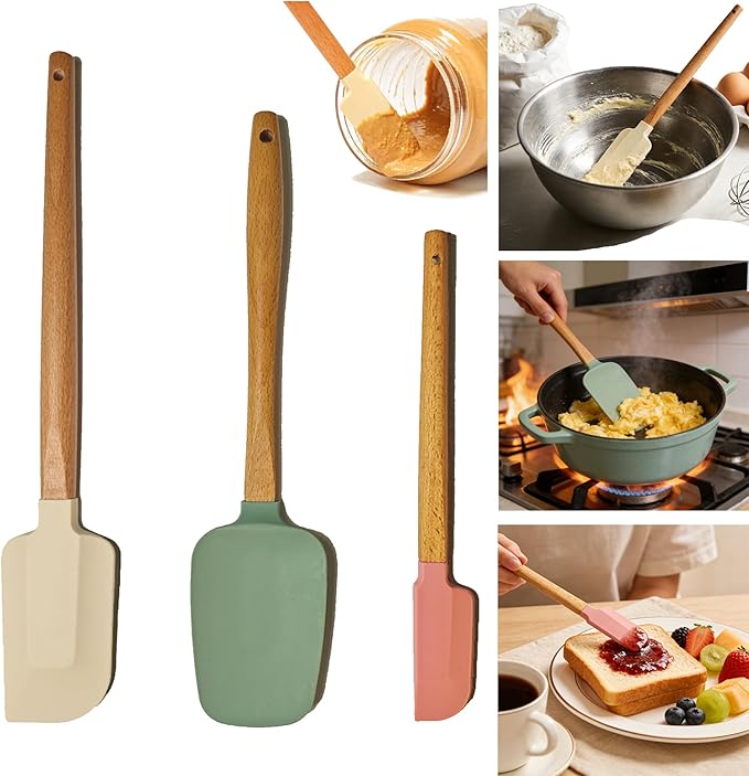 3PCS Heat Resistant Silicone Spatula Set, Silicone Spatula with Wooden Handle, Silicone Spatula Wooden Handle, Spatulas Silicone Heat Resistant Wood, Rubber Spatula for Baking Non-Stick Cooking Mixing