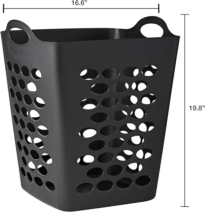 Flex Square Laundry Hamper, 2 Bushel Black Clothes Basket | Large capacity square design, built-in ventilation holes, equipped with sturdy dual carry handles for laundry storage