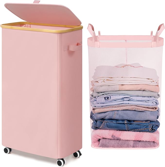 Goodpick 75L Slim Rolling Laundry Basket with Wheels and Lid, Pink | 17 × 9.8 × 29.5 in, Bamboo Frame, Removable Laundry Bag, Collapsible, Dorm, Bedroom & Bathroom Organization, Home Decor