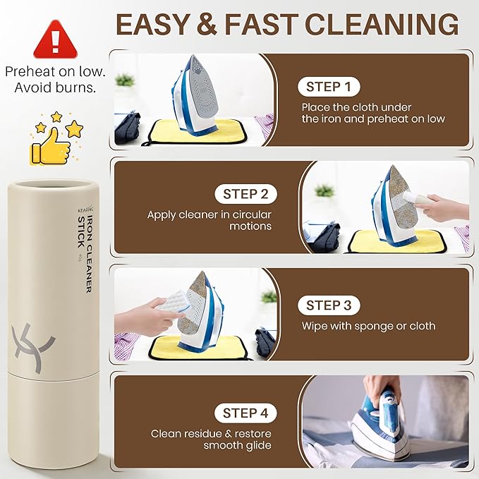 Iron Cleaner Kit for Steam Irons with Cleaning Cloth & Sponge Eraser, Non-Toxic Sole Plate Cleaner Removes Fabric Residue, Glue, Limescale, Starch & Burn Marks to Improve Glide