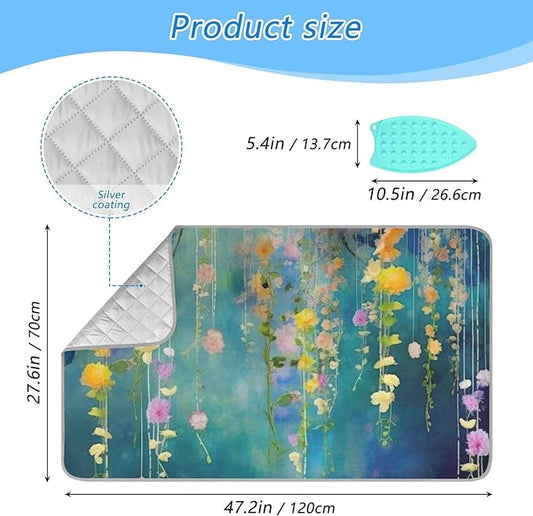 Kigai Watercolor Fowers Ironing Blanket Thick Portable Ironing Pad Travel Ironing Mat with Silicone Pad Heat Resistant Ironing Board Cover for Table Top, Washer, Dryer, 27.6" x 47.2"