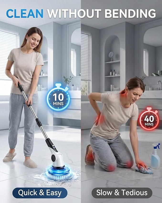 Electric Spin Scrubber, 3-Speed Shower Scrubber with Long Handle & 10 Replaceable Brush Heads, Cordless Full-Body IPX7 Waterproof Shower Cleaner Brush with 90 Mins Runtime for Bathroom
