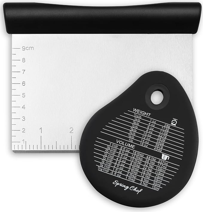 Spring Chef Dough Bench Scraper for Baking with Markings - Stainless Steel Kitchen Dough Cutter Tool with Bowl Pastry Scraper for Pizza, Bread, Pastries - Bench Knife - Dishwasher Safe - Black