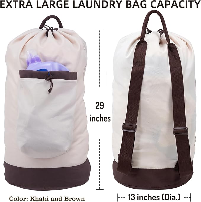 Seiritex Laundry Bag Backpack with Shoulder Straps and Detergent Holder Clothes, Travel Laundry Backpack Bag Hamper for College (Khaki w Brown)