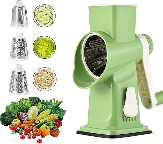 3-in-1 Manual Rotary Cheese Grater & Vegetable Slicer, Round Mandoline Food Chopper with 3 Interchangeable Blades, Strong Suction Base Hand Crank Grater for Cheese, Potato, Nuts & Veggies