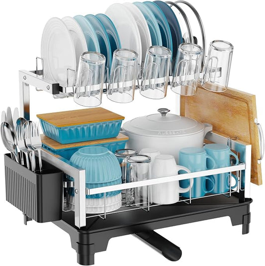 GSlife Stainless Steel Dish Drying Rack 2 Tier, Compact Dish Racks for Kitchen Counter with Cutting Board Holder, Auto-Drain Spout, Rust Proof Dish Drainer for Apartment, 21" L x 12.6" W, Silver