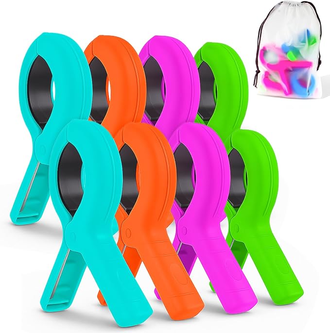 Beach Towel Clips for Beach Chairs Cruise, Strong Grip Clothes Pins Non-Slip Pool Chair Clips, Quilt Drying Clip for Laundry Towel Clothes Blankets Set of 8, with Drawstring Bag(4 Colors)