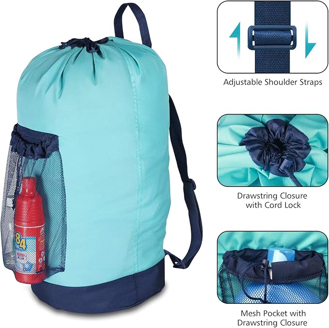 Laundry Backpack with Shoulder Straps and Mesh Pocket Durable Nylon Clothes Hamper Bag with Drawstring Closure for College, Travel, Laundromat, Apartment