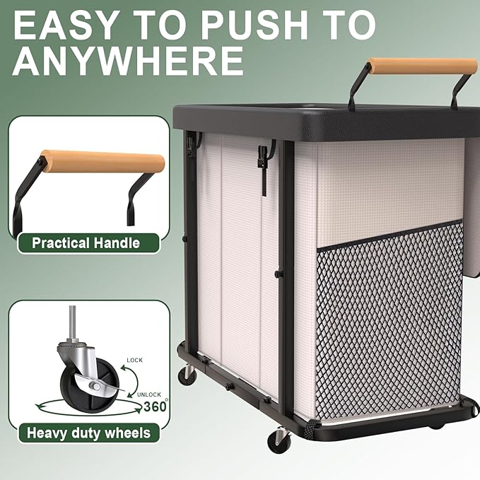 Laundry Hamper 3 Section with Lid,230L Rolling Dirty Clothes Hamper White | Laundry Basket with Wheels,Laundry Organizer Storage Cart with Sturdy Metal Frame and Wooden Handle for Laundry Room, Hotel
