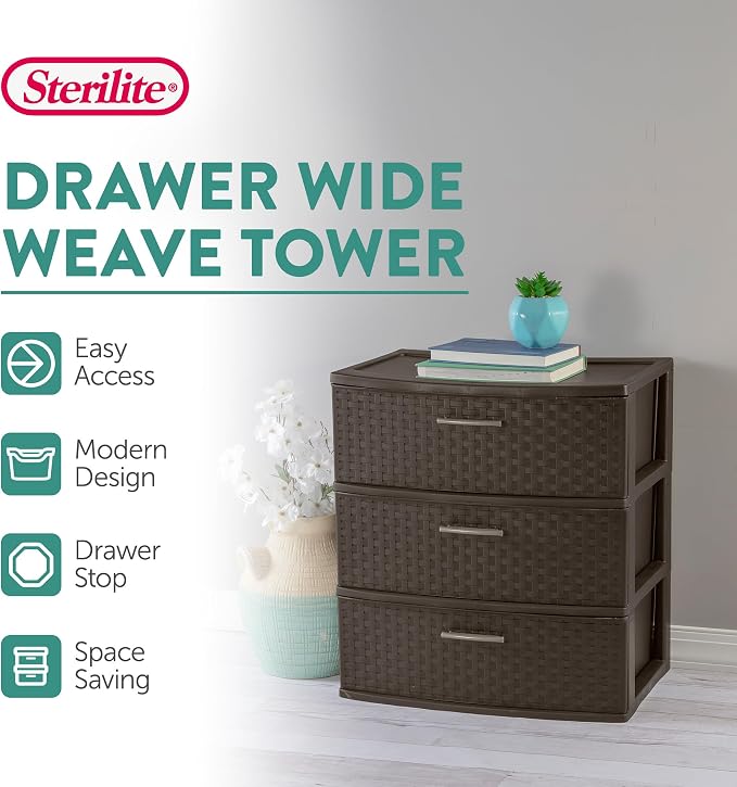 Sterilite 2-Pack 3-Drawer Wide Weave Tower, Storage Closet Organizer, Brown - Plastic Drawers and Containers for Bedroom, Cabinet, Clothes, Dresser, and Kitchen Pantry Organization