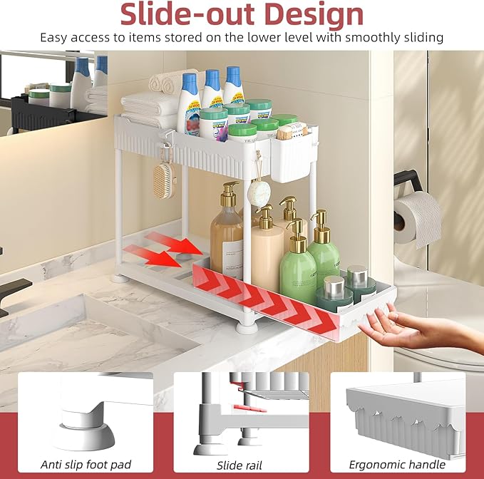 Sevenblue Under Sink Organizer, Bathroom Organizers and Storage, 2 Tier Multi-Use Pull Out Cabinet Organizer with Hang Hooks and Cups (White, 14.8 Inch)
