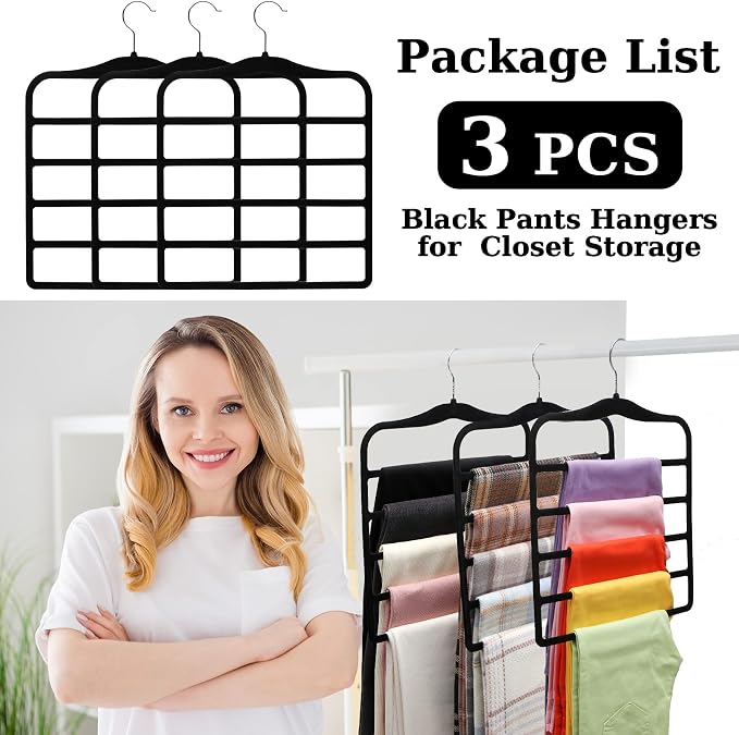 Closet Organizers and Storage, 3 Pack Velvet Pants-Hangers-Space-Saving | Non Silp 5 Tier Scarf Jeans Closet Organizer, Dorm Room Essentials for College Students Girls Boys Guys, Home Storage