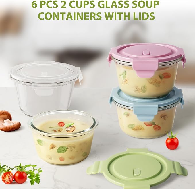 2 Cup/16oz Round Glass Meal Prep Containers with Airtight Lids, 6 Pack | Leakproof丨Borosilicate Glass丨Heat-Resistant丨BPA-Free丨Lunch Soup Leftovers Food Storage丨Microwave Oven Dishwasher Freezer Safe