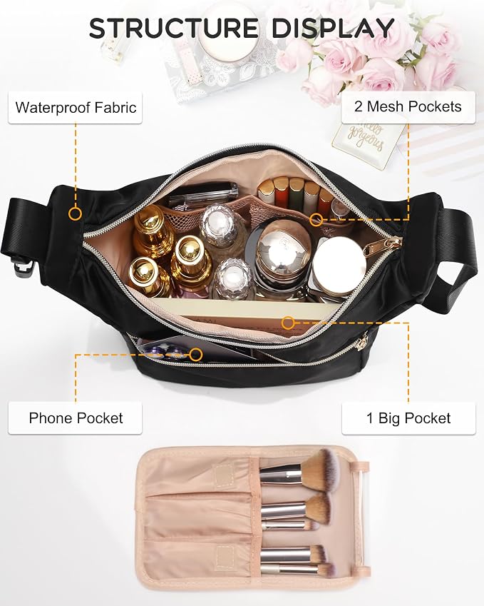 Relavel Portable Makeup Bag for Travel, Separate Makeup Brush Compartment | Cosmetic Shoulder Bag with Removable Buckle, Compact Toiletry Organizer Storage with 3 Small Pockets, Easy to Clean