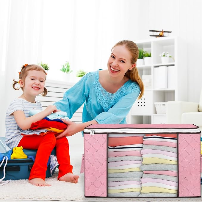 90L Large Storage Bags, 8 Pack Clothes Storage Bins Closet Organizers | Foldable Storage Containers, with Reinforced Handle, for Clothing, Blanket, Comforters, Bed Sheets, Pillows and Toys,Pink