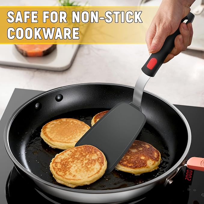 2Pack Flexible Silicone Spatula Turner, Heat Resistant Silicone Turner for Non-Stick Cookware, BPA-Free Kitchen Spatula Utensils, Ideal for Flipping Eggs, Burgers, Pancakes, Black