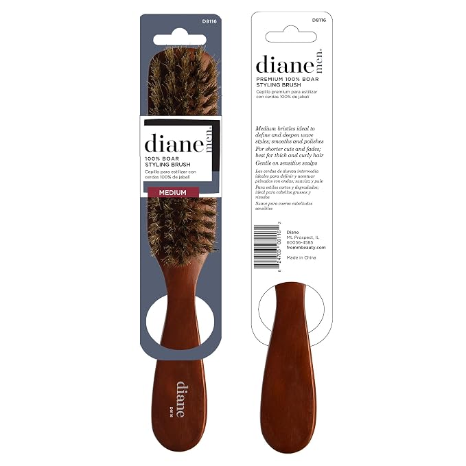 Diane Premium 100% Boar Bristle Styling Brush for Men and Barbers – Medium Bristles for Thick Coarse Hair – Use for Detangling, Smoothing, Wave Styles, Soft on Scalp, Restore Shine and Texture