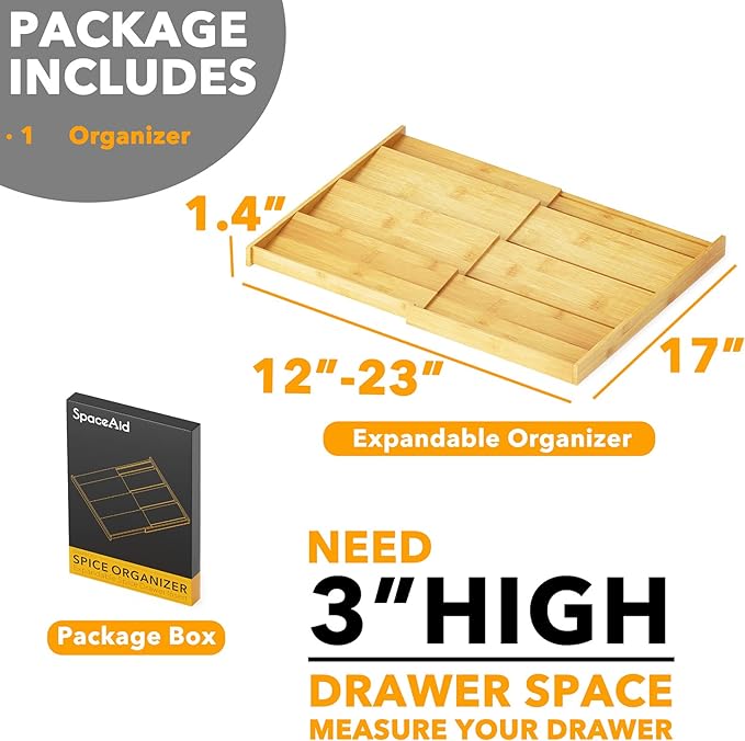 SpaceAid Bamboo Spice Drawer Organizer, (Need 3" Deep Drawer) Expandable 4 Tier Spices Rack for Cabinet, Kitchen Seasoning Storage Insert (Jars Not Included, From 12" to 23" Wide)