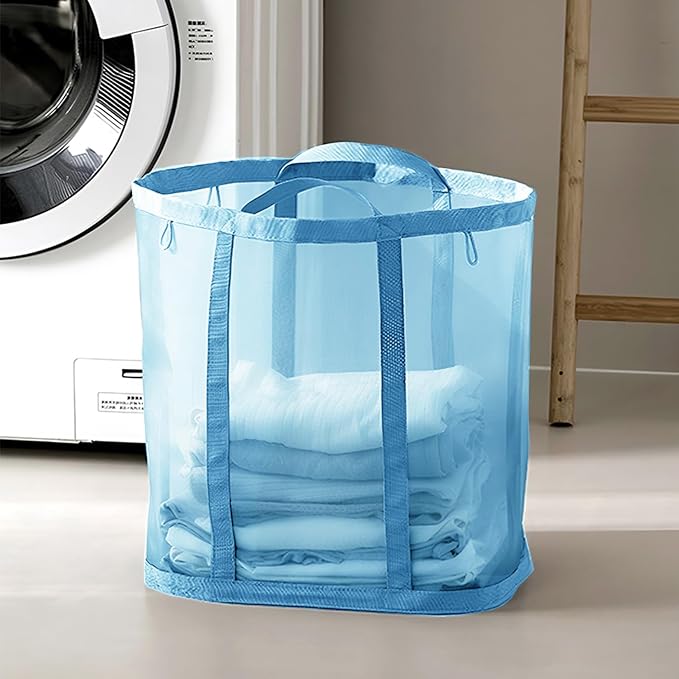Mesh Bag with Handles, Collapsible Laundry Basket, Foldable Laundry Bag, Breathable Folding Beach Bag,Space-saving Travel Tote Bags (2, Blue)