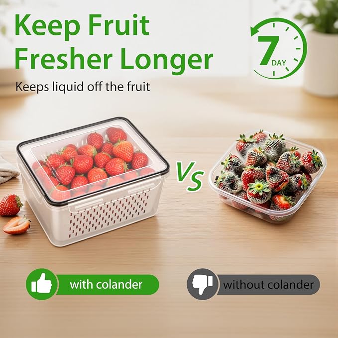 4 PCS Fruit Storage Containers for Fridge, Leakproof Produce Containers | For Fridge with Removable Colander, Microwave/Dishwasher Safe Fruit Washing Bowl Keep Fruits, Vegetables, Berry Fresh longer