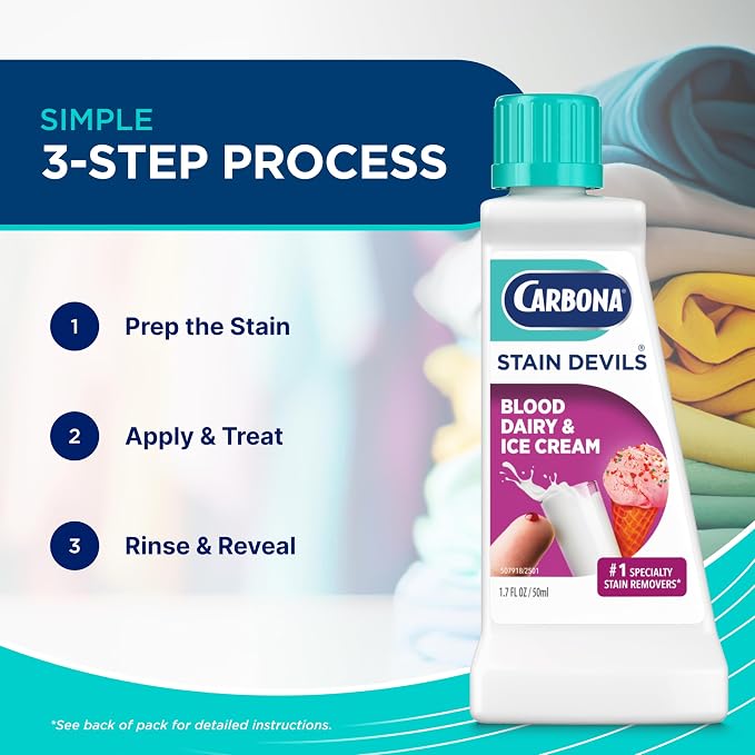 Carbona Stain Devils® #4 | Blood, Dairy & Ice Cream | Professional Strength Laundry Stain Remover | Multi-Fabric Cleaner | Safe On Skin & Washable Fabrics | 1.7 Fl Oz, 3 Pack