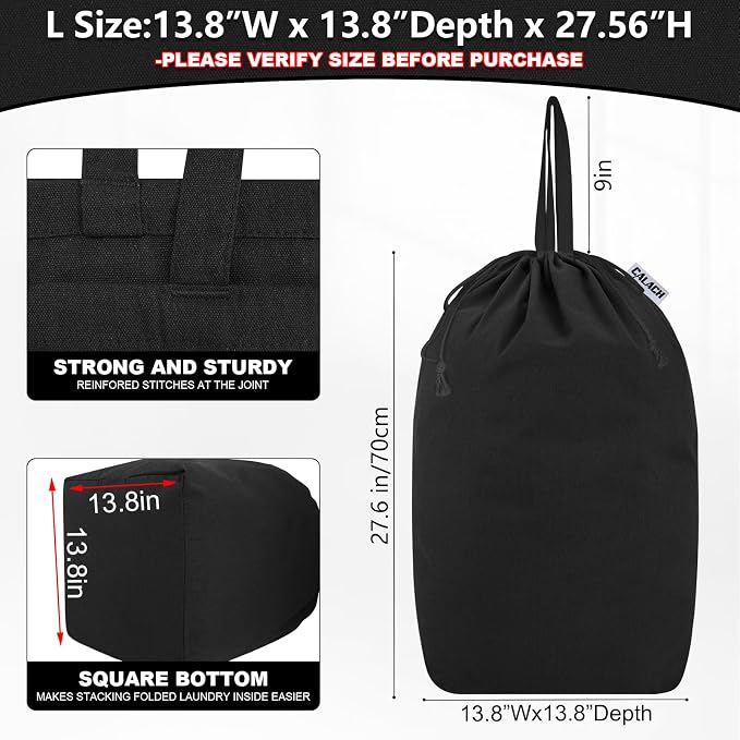 Canvas Laundry Bags with Handles & Square Base 13.8"Wx13.8"Dx27.6"H, Black | Large Heavy Duty Laundry Hamper Bag, Washable Drawstring Dirty Clothes Sack for College Dorm, Home Storage