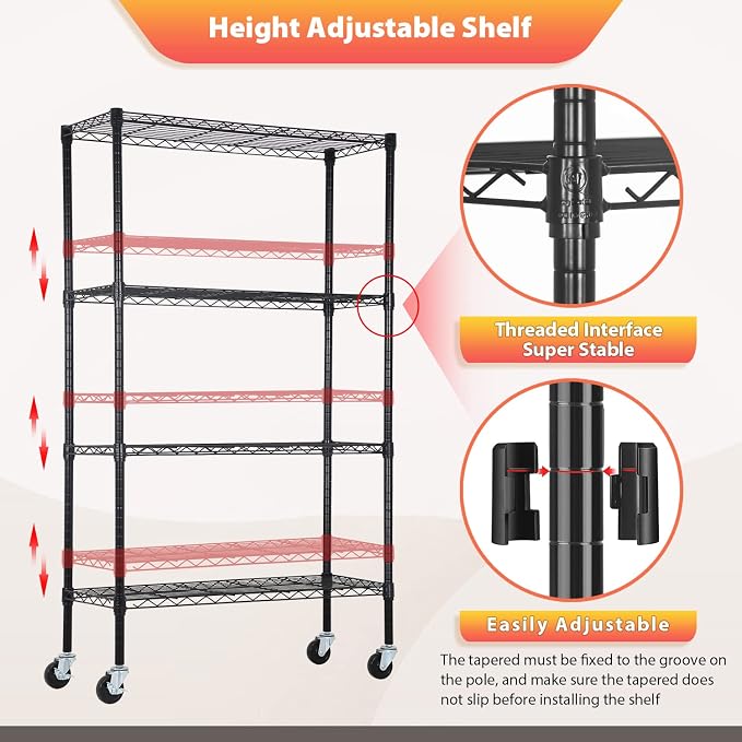 FDW | 4-Tier Wire Storage Shelves with Wheels | 36"x14"x62" | Black | Adjustable Racks | Heavy-Duty Metal Shelf, Holds Upto 500 lbs | Tool-Free Assembly, Rust-Resistant | for Home & Garage Shelving