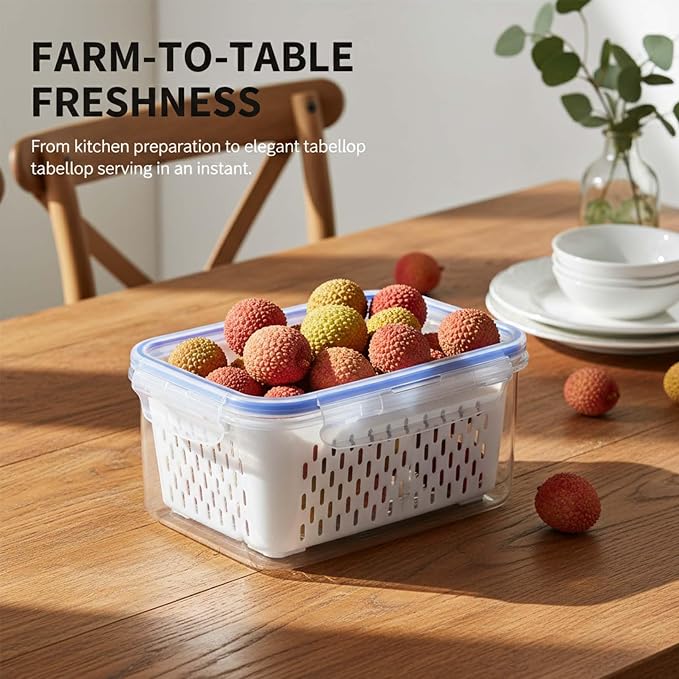 Fruit Storage Containers for Fridge with Removable Colander, Airtight Produce Storage Containers with Lids, Fridge Organizers and Storage for Berry, Fruit, Vegetables, Salad & Meal Prep (Gray, L)