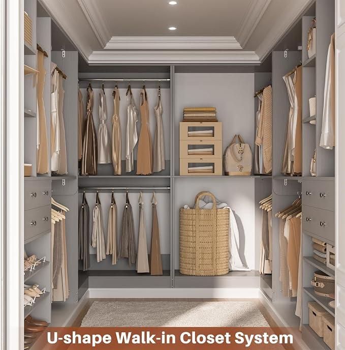 Besiost Closet System with 4 Drawers & Corner Tower, Closet Organizer System with 10 Hanging Robs, Reversible U Shaped Walk-in Closet System, Load 3600+LBS Capacity, Set of 4, Morandi Grey