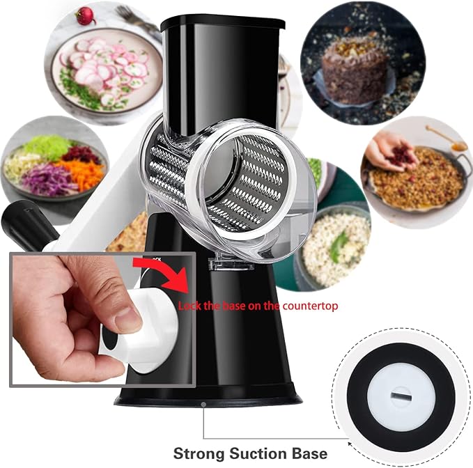 Handheld Rotary Cheese Grater Shredder- 3 Interchangeable Stainless Steel Drum Blades Manual Round Mandolin Vegetable Slicer Nut Grinder with Upgraded Strong Suction Base & Free Sharp Peeler, Black