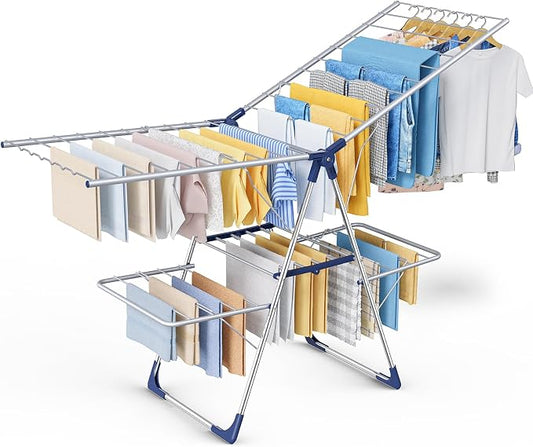 Sakugi Clothes Drying Rack, Foldable 2-Level with 70" Adjustable Wings | Laundry Room, Bedroom, Indoor & Outdoor Use, Height Adjustable, Clothing & Bedding, 70.0" L × 22.8" W, Silver and Blue