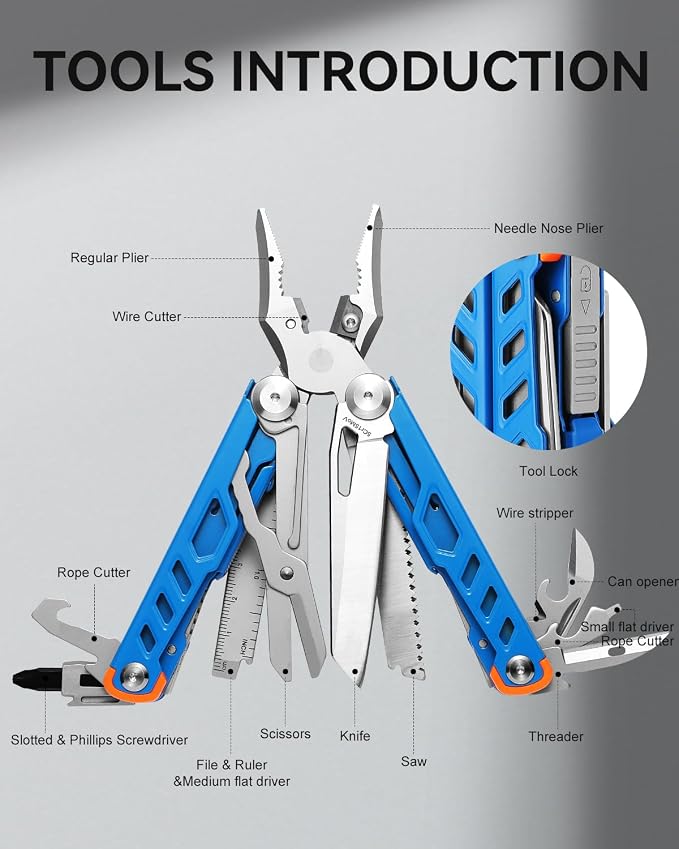 Pocket 15-in-1 Multi tool Pliers with Safety-Lock and Sheath (Blue) | EDC Pocket Knife,3mm Wire Cutter, Saw,Bottle Opener, Screwdriver, Must-have for Survival and Out-door, Gifts for Men