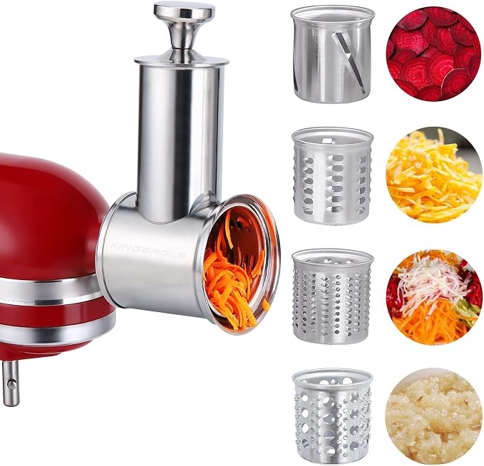 Large Stainless Steel Slicer Shredder Attachment for KitchenAid Mixers,Dishwasher Safe Vegetable Cheese Grater Accessories with 4 Cutting Blades by KINGEAGLE