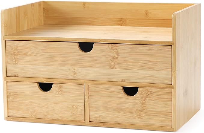 Bamboo Desk Organizer with Drawers, 3-Drawer Desktop Storage Box | 3 Drawers Open Top Tray Fully Assembled Stores Pens, Notes, Makeup, Jewelry & Toiletries for Office, Vanity & Bath