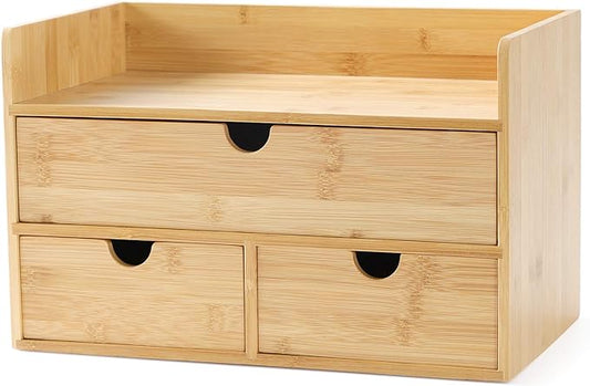 Bamboo Desk Organizer with Drawers, 3-Drawer Desktop Storage Box | 3 Drawers Open Top Tray Fully Assembled Stores Pens, Notes, Makeup, Jewelry & Toiletries for Office, Vanity & Bath