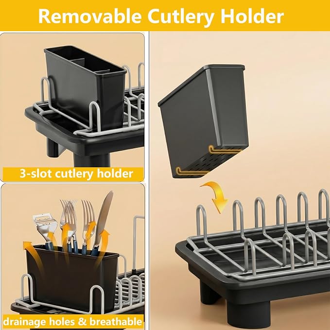 Small Dish Drying Rack,Compact Dish Rack for Kitchen Counter with 360° Rotating Drain Spout and Utensil Holder,Stainless Steel Countertop Dish Drainer for Sink,Space-Saving Design for Small Kitchen