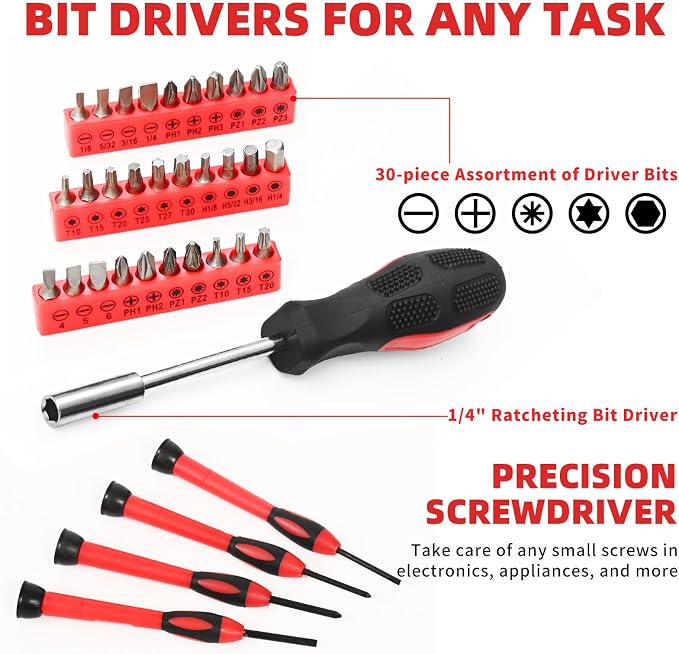 58-Piece Household Tool Set, Red Hand Kit With Storage Case | All Purpose Hand Tool Kit, Basic Home Tool Set, Plastic Storage Case, for Home Garage Office Dormitory, Basic Repairs, Women