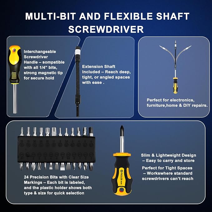 Magnetic Screwdriver Set with Case, All-in-One Repair Tool Kit for Everyday Home Fixes, Furniture Assembly & Electronics Repair, Precision Screwdrivers, Bits & Flexible Shaft