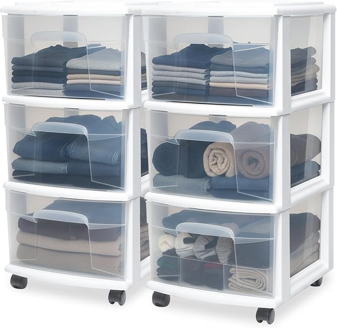 HOMZ Drawer Tower 3-Tier Storage Cart, Removable Wheels, White Frame,2 Pack | Plastic Organizer with Clear Bin Drawers for Bedrooms, Bathrooms, Home Offices, and Dorm Rooms