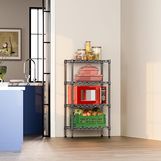 IZEUK 4 Tier Steel Storage Shelves, Heavy Duty Metal Shelf Wire Shelving Rack for Pantry, Kitchen, Living Room, or Office Organization (11.8" D x 21.7" W x 39.5" H, 1000LBS, Black)