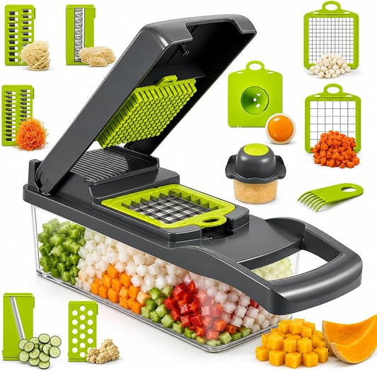 14-in-1 Vegetable Chopper with Container – Veggie Chopper Vegetable Cutter, Onion Dicer, Food Chopper with 8 Blades, Potato Slicer for Salad, Carrot – BPA Free Kitchen Gadget, Dishwasher Safe
